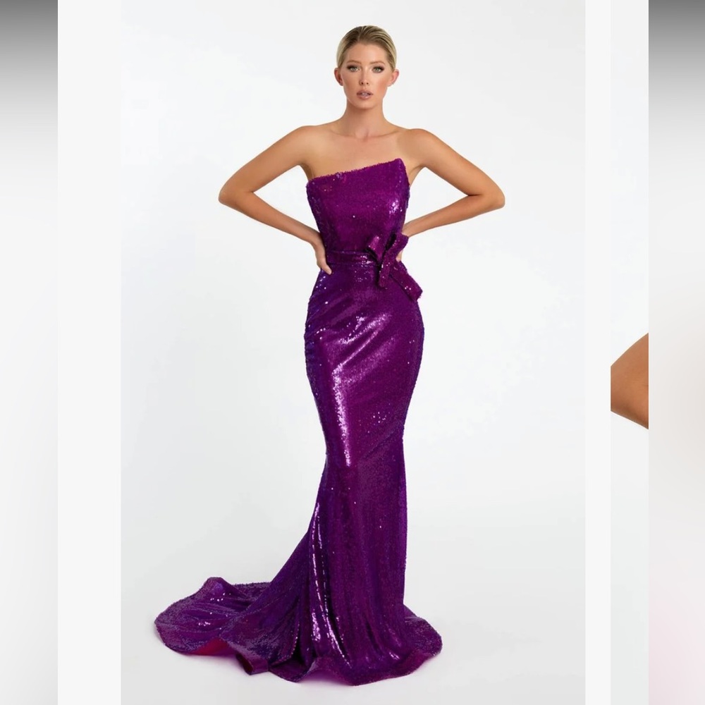 Nicole Bakti 7047 Magenta  strapless Sequin bow gown post soon for sale